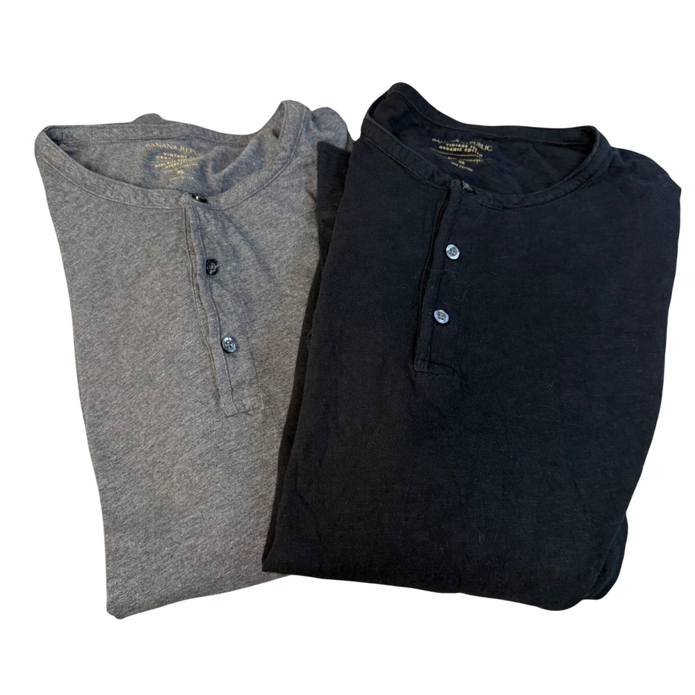 Banana Republic Mens Organic Cotton Long Sleeve Henley 2 Pack XL Black Grey